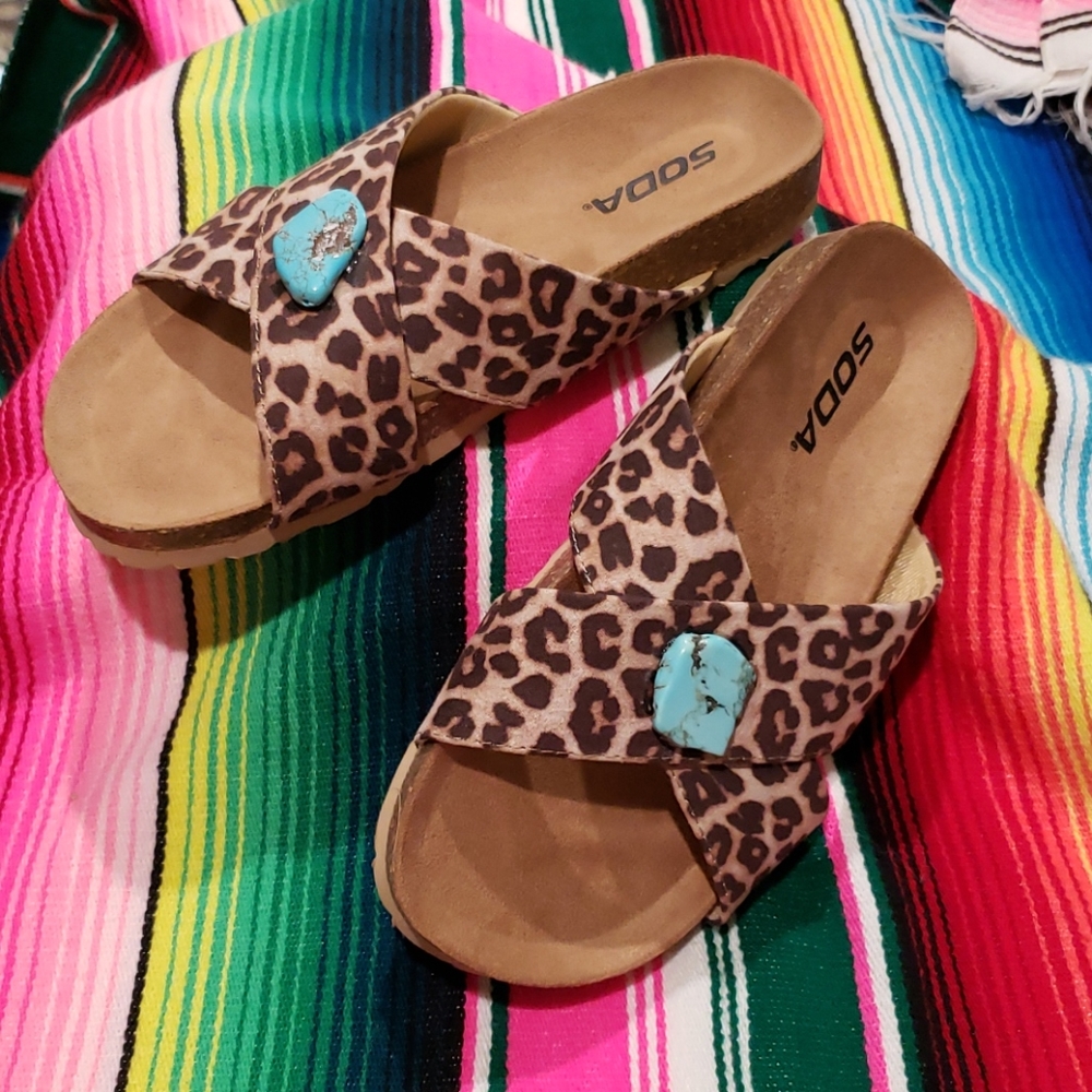 Leopard print turquoise slab sandals